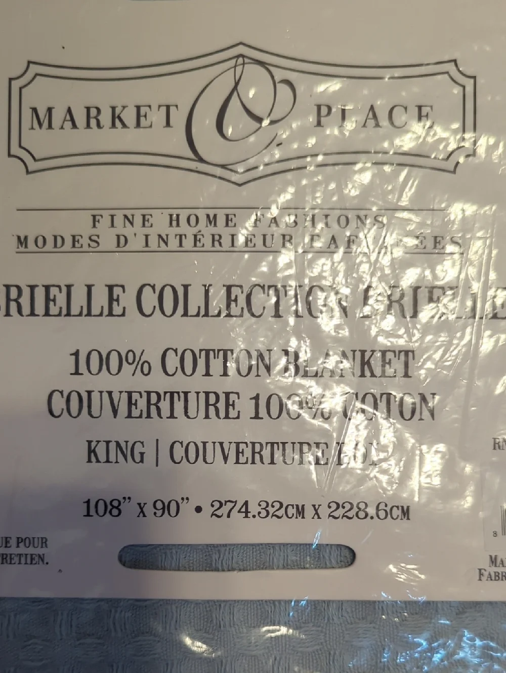 Market Place 100% Cotton Waffle Weave Blanket King Light Blue Brand New 108x90